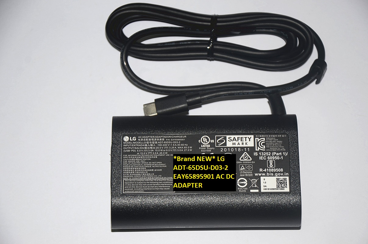 *Brand NEW* LG ADT-65DSU-D03-2 EAY65895901 9.0V 3.0A 27.0W 20.0V 3.25A 65.0W USB-PD AC DC ADAPTER